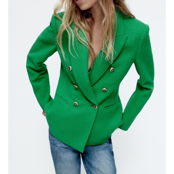 NWT ZARA BALMAIN STYLE TEXTURED BLAZER GOLD BUTTONS M GREEN - Picture 2 of 7